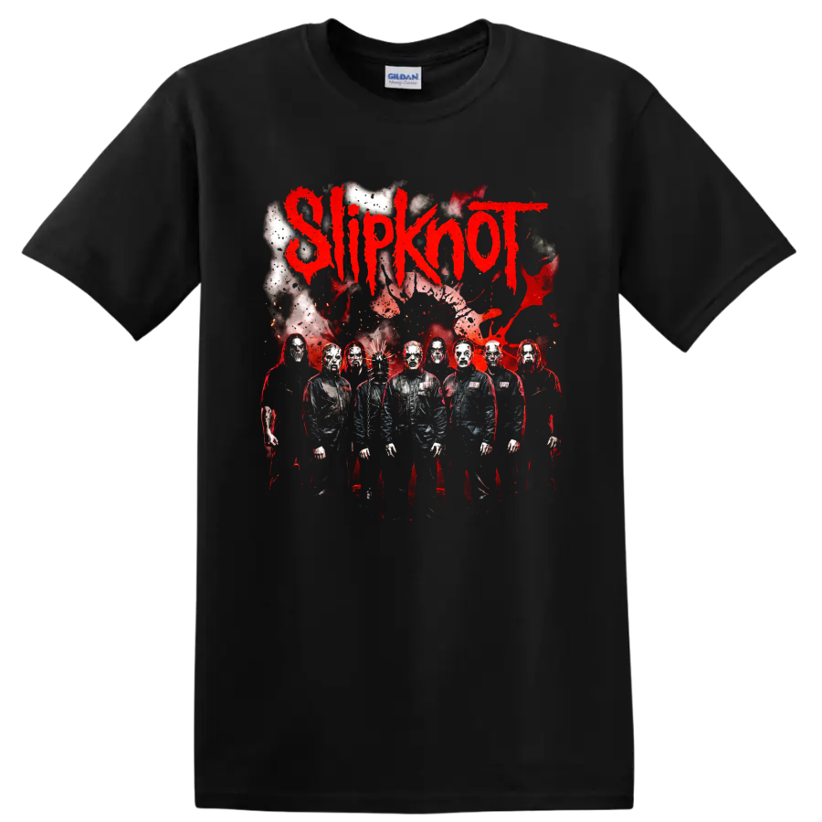 Slipknot logo with masked band members in a distressed red and black graphic on a Black T Shirt