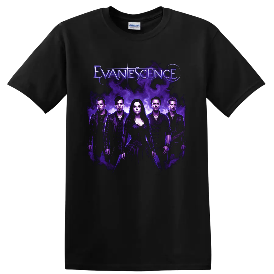 Evanescence Amy Lee band portrait with purple smoke and gothic poster styling on a Black T Shirt