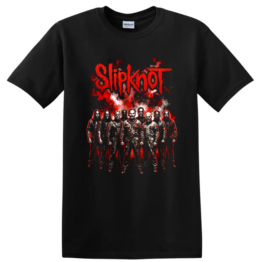 Slipknot masked metal band members with red horror-style graphic on a Black T Shirt