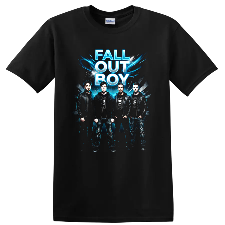 Fall Out Boy vintage emo rock poster graphic with blue lettering on a Black T Shirt