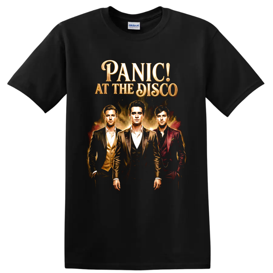 Panic! at the Disco vintage portrait graphic with ornate gold lettering on a Black T Shirt