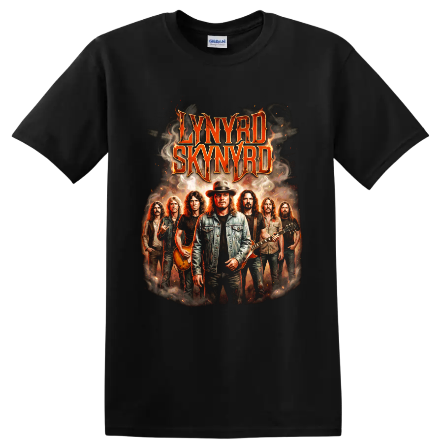 Lynyrd Skynyrd band lineup vintage rock poster graphic with guitars on a Black T Shirt