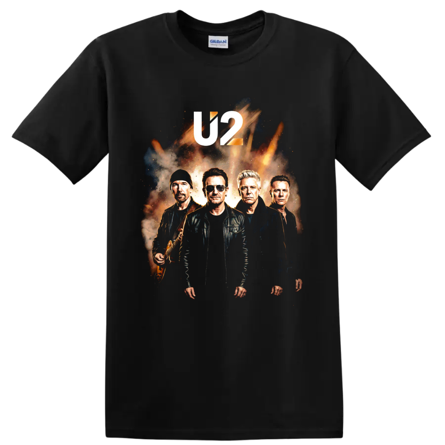 U2 Bono rock band portrait graphic with bold U2 lettering on a Black T Shirt