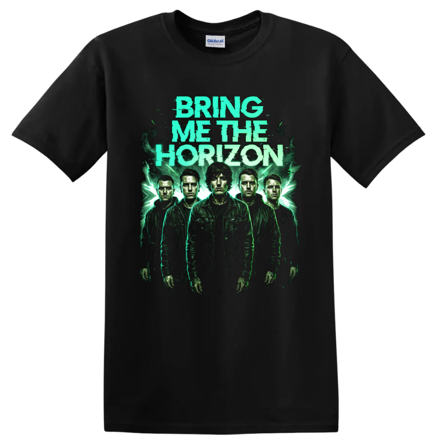 Bring Me the Horizon distressed green rock band portrait graphic on a Black T Shirt