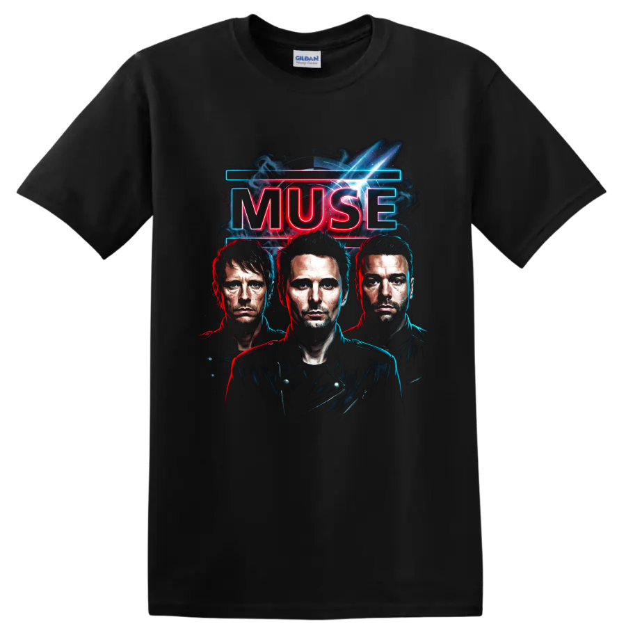 Muse neon rock band poster with three illustrated portraits on a Black T Shirt