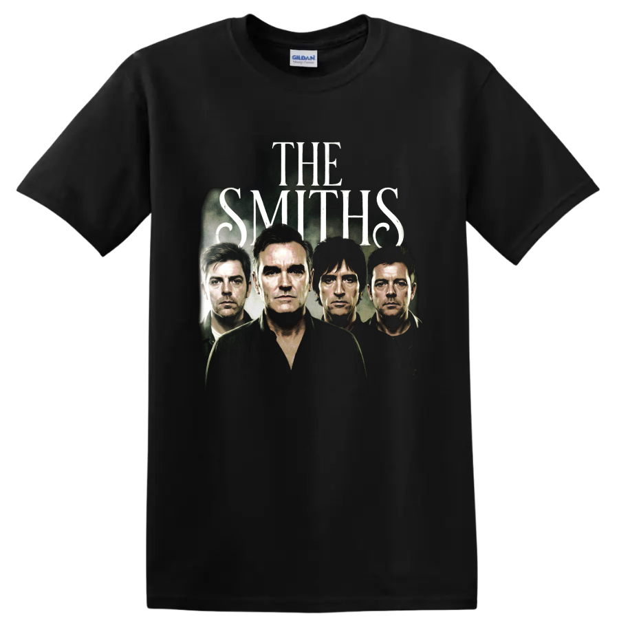 The Smiths brutalist alternative rock poster with four band portraits on a Black T Shirt