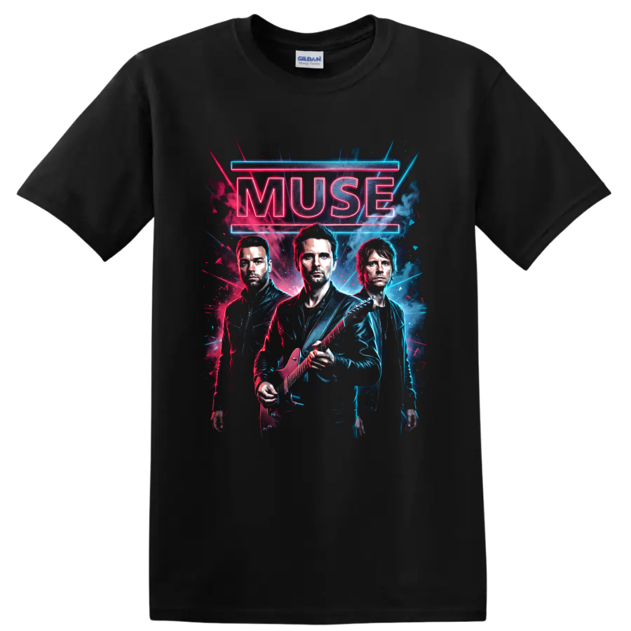 Muse neon rock band portrait with electric guitar and glowing lettering on a Black T Shirt