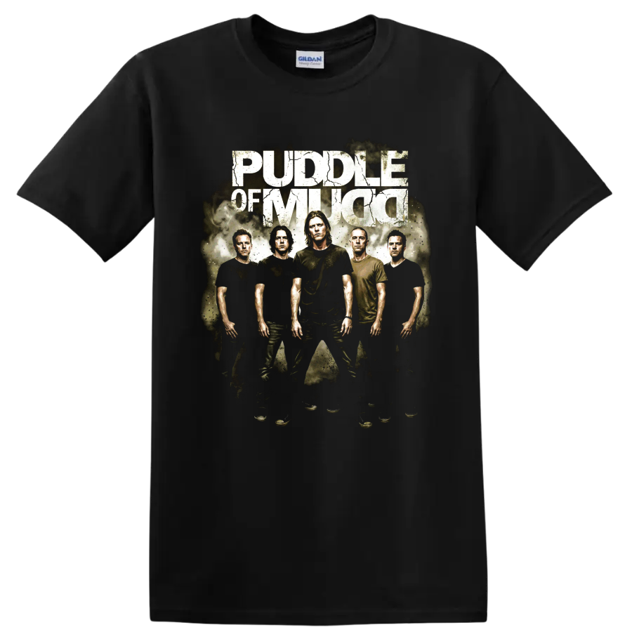 Puddle of Mudd grunge band portrait graphic with distressed lettering on a Black T Shirt