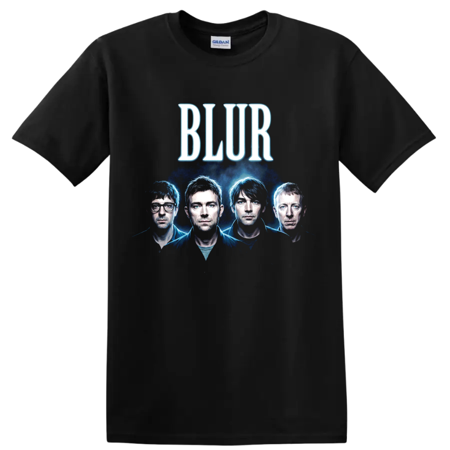 Blur Britpop band four-member blue portrait with bold BLUR lettering on a Black T Shirt