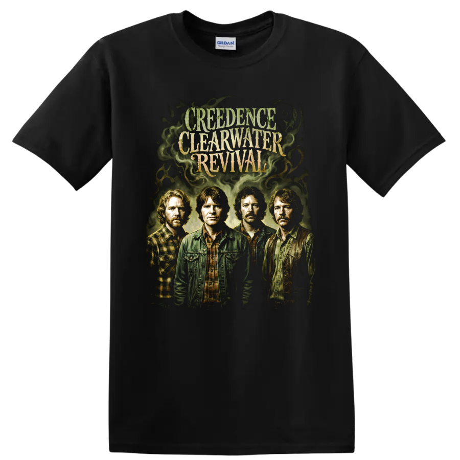 Creedence Clearwater Revival vintage band portrait graphic with distressed lettering on a Black T Shirt