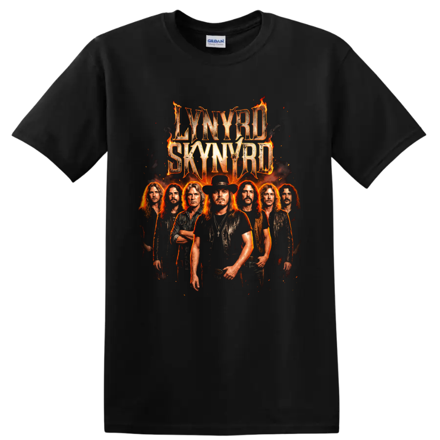 Lynyrd Skynyrd fiery Southern rock band poster graphic on a Black T Shirt