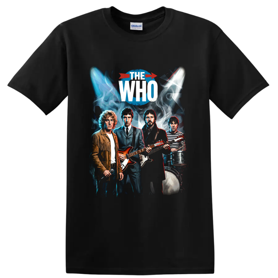 The Who John Entwistle rock band graphic with guitars, bass, and drums on a Black T Shirt