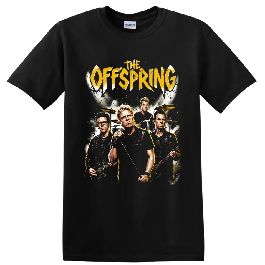 The Offspring punk rock band portrait graphic with distressed gold lettering on a Black T Shirt