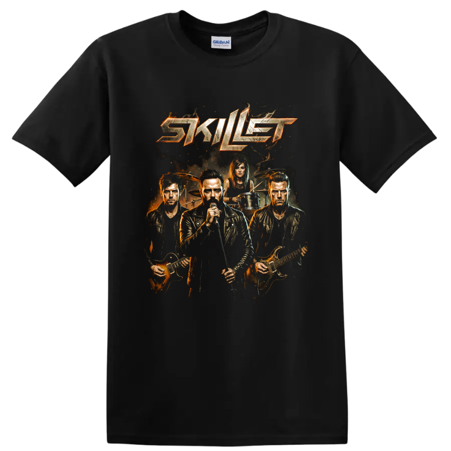 Skillet band logo graphic with vocalist, guitarists, and drummer on a Black T Shirt
