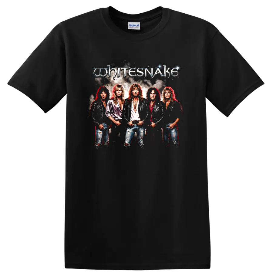 Whitesnake 1987 hard rock band portrait with metallic logo graphic on a Black T Shirt