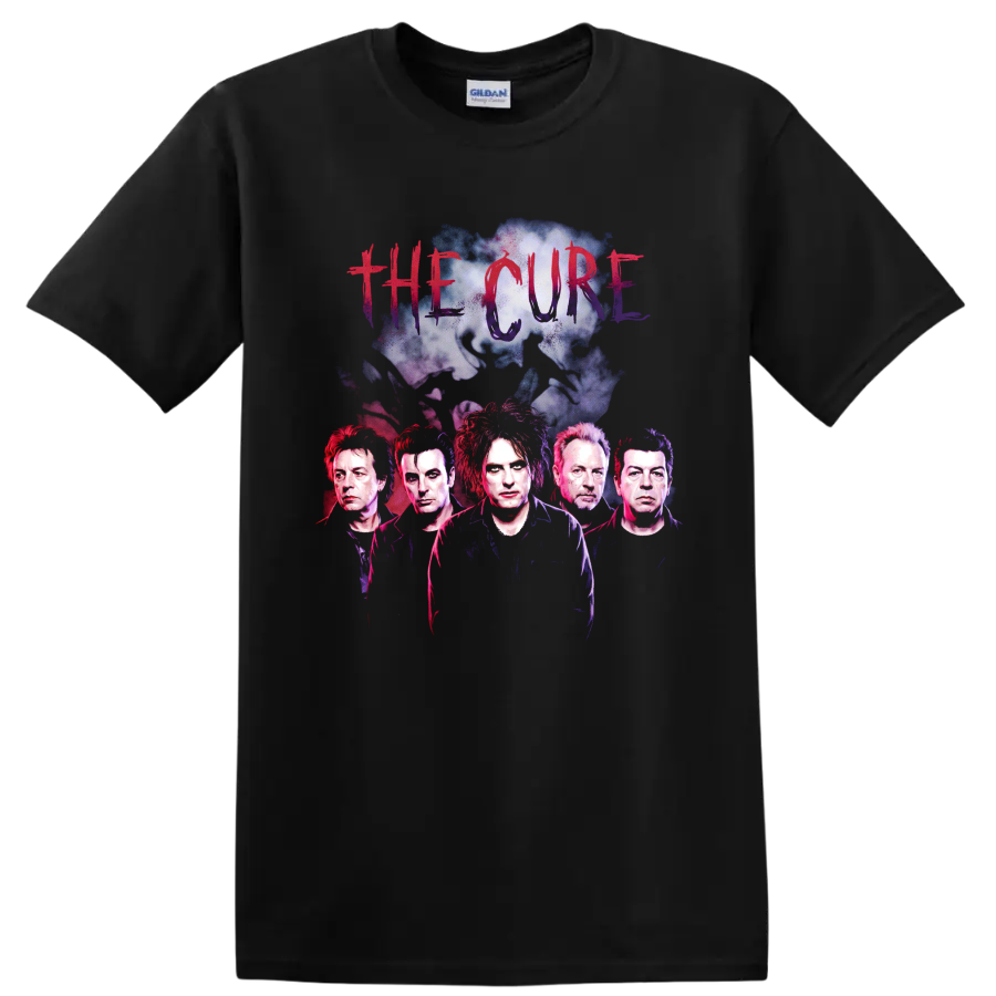 The Cure post-punk band graphic with five portraits and distressed lettering on a Black T Shirt