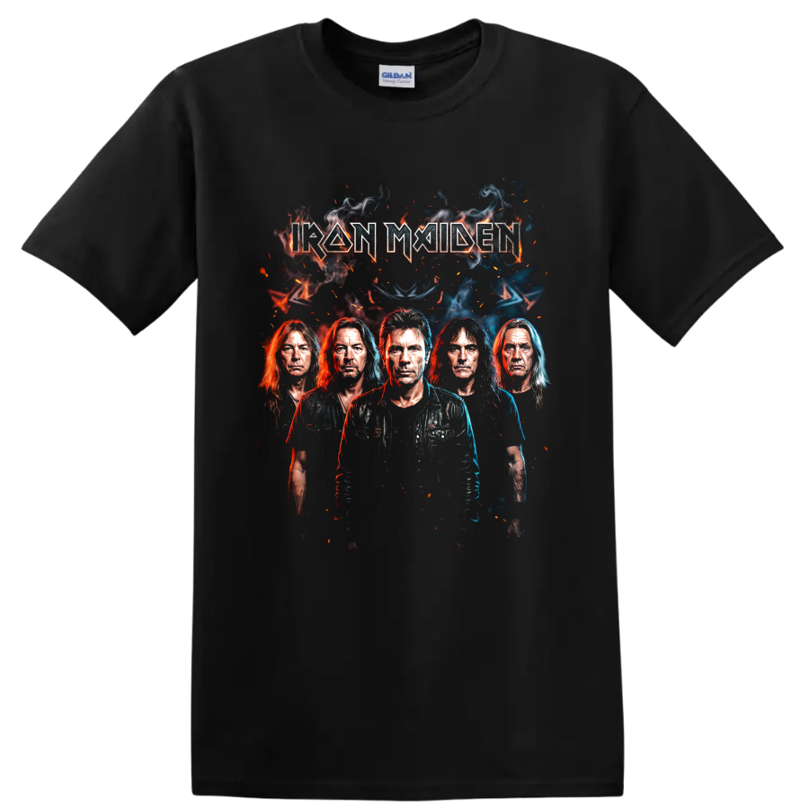 Iron Maiden band portrait with smoky fire effects and angular lettering on a Black T Shirt