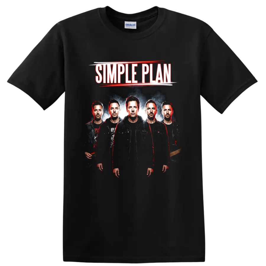 Simple Plan band members pop punk portrait with bold lettering on a Black T Shirt
