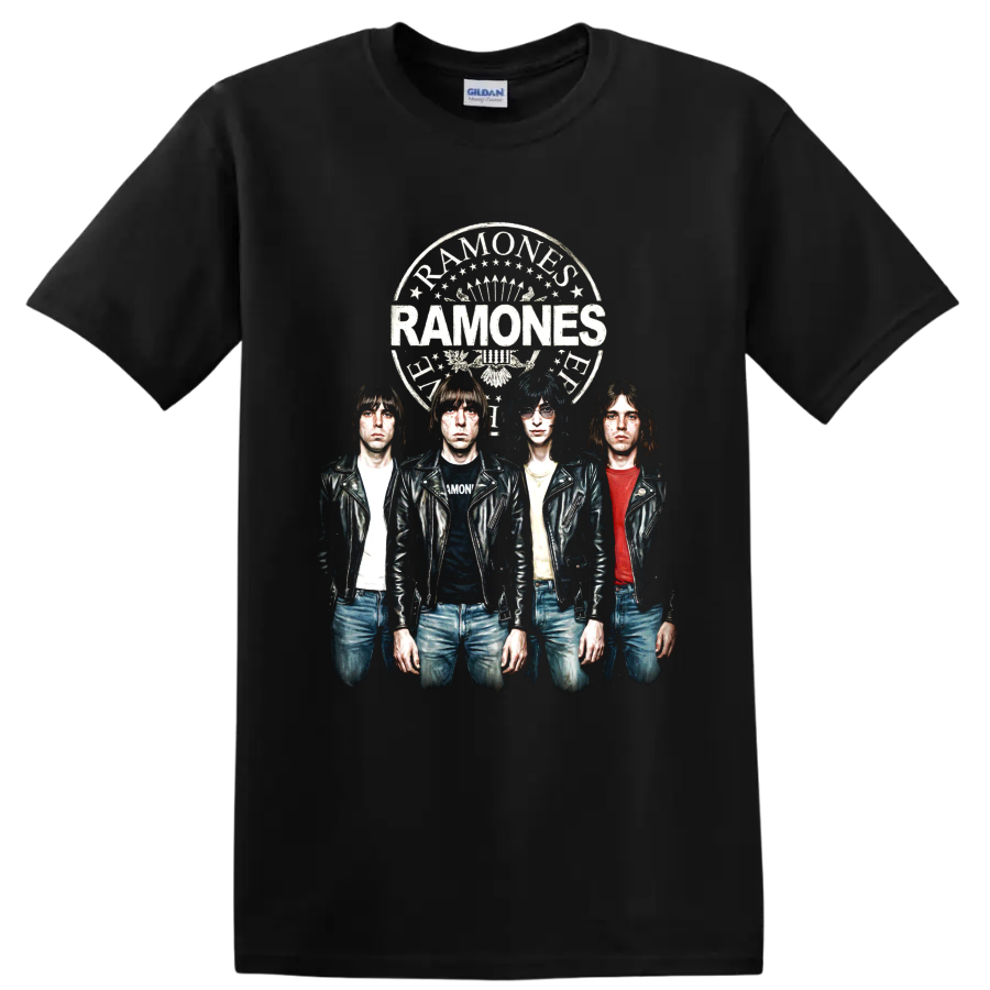 Ramones punk rock band portrait with distressed vintage crest on a Black T Shirt