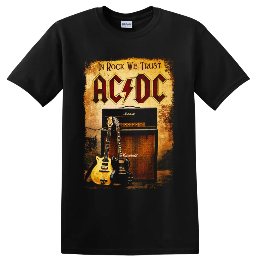 AC/DC vintage rock graphic with guitars and Marshall amplifier on a Black T Shirt