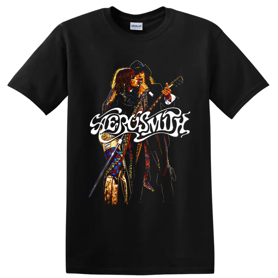 Aerosmith rock concert graphic with singer, guitarist, and flowing logo on a Black T Shirt