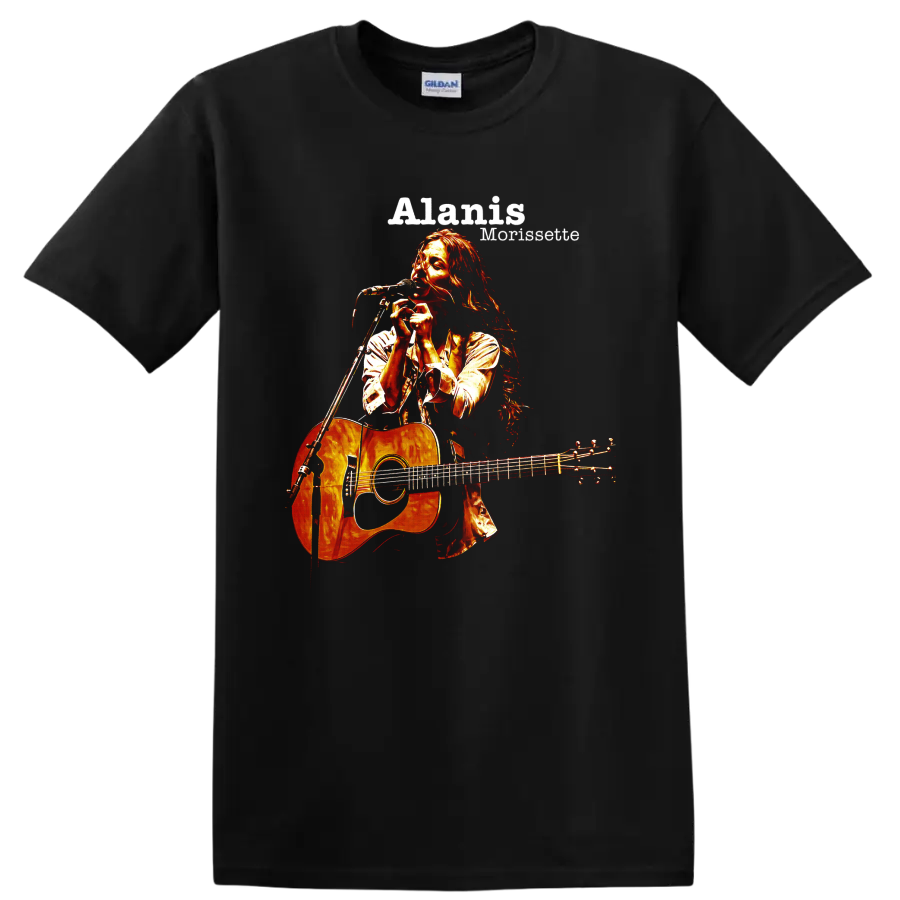 Alanis Morissette singing with acoustic guitar, distressed rock graphic on a Black T Shirt