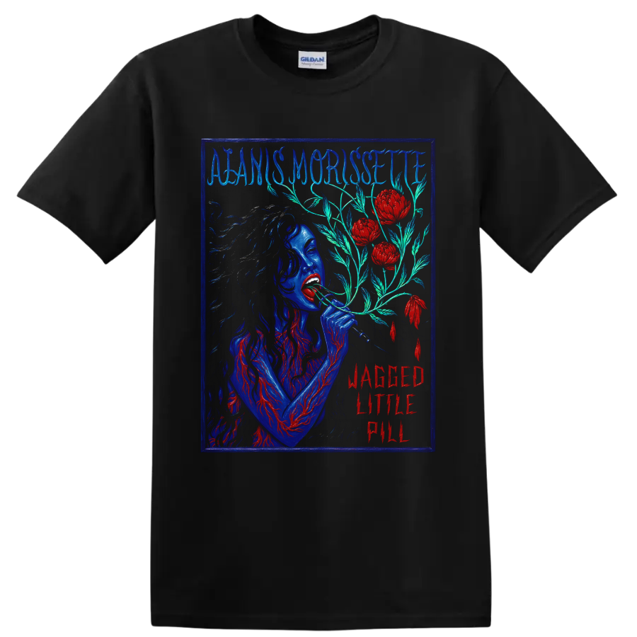 Alanis Morissette Jagged Little Pill distressed floral rock graphic on a Black T Shirt