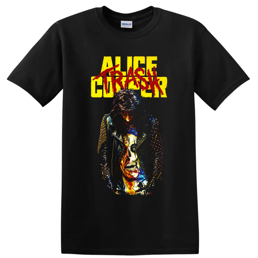 Alice Cooper gothic rock portrait with distressed lettering and skull graphic on a Black T Shirt