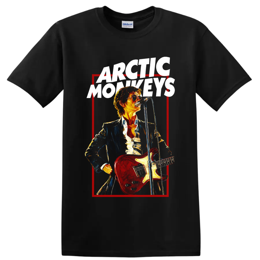 Arctic Monkeys guitarist graphic with red electric guitar and microphone on a Black T Shirt
