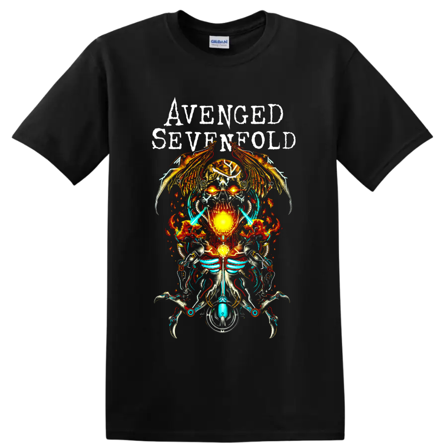 Avenged Sevenfold fiery cyborg skull metal graphic on a Black T Shirt