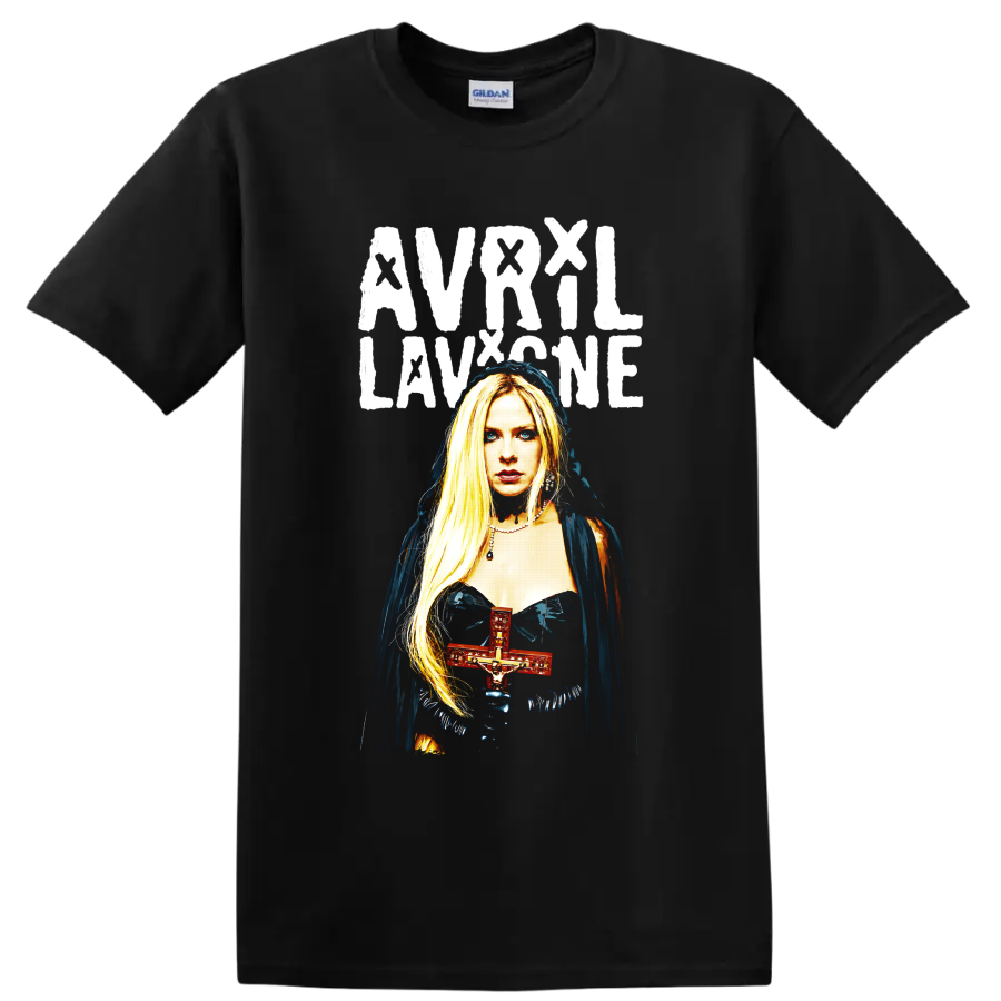 Avril Lavigne gothic portrait graphic with red cross and distressed lettering on a Black T Shirt