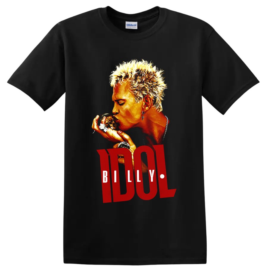Billy Idol punk rock portrait graphic with bold red lettering on a Black T Shirt