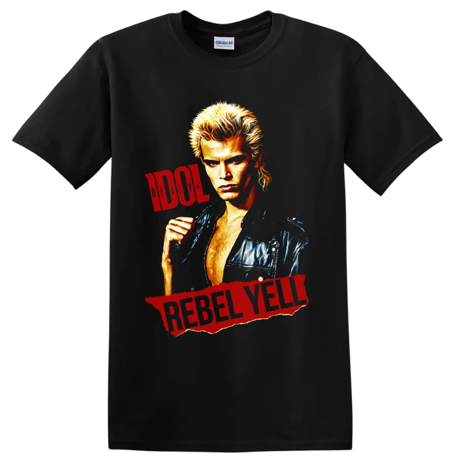 Billy Idol portrait with distressed red Rebel Yell lettering on a Black T Shirt