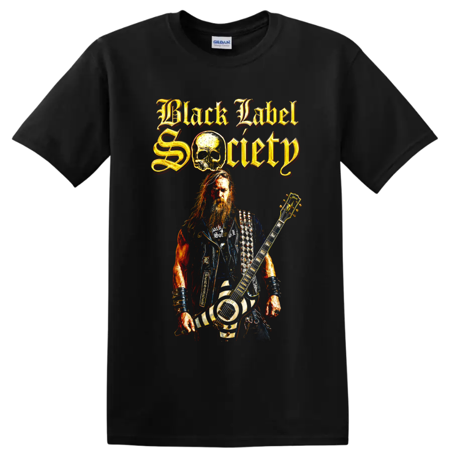 Black Label Society guitarist and skull heavy metal graphic with gothic lettering on a Black T Shirt