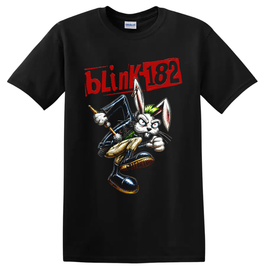 Blink-182 rabbit drummer punk rock cartoon graphic with distressed lettering on a Black T Shirt