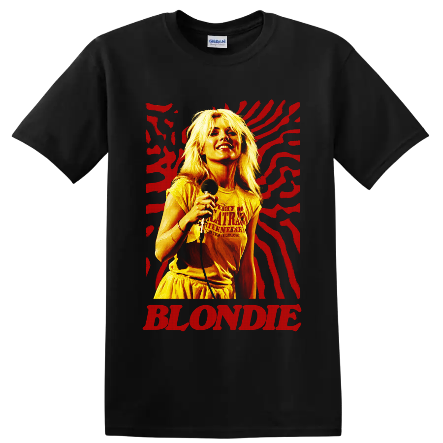 Blondie singer with microphone and red graphic stripes on a Black T Shirt