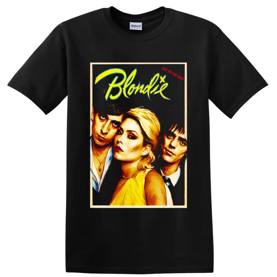 Blondie rock band portrait graphic with bold retro lettering on a Black T Shirt