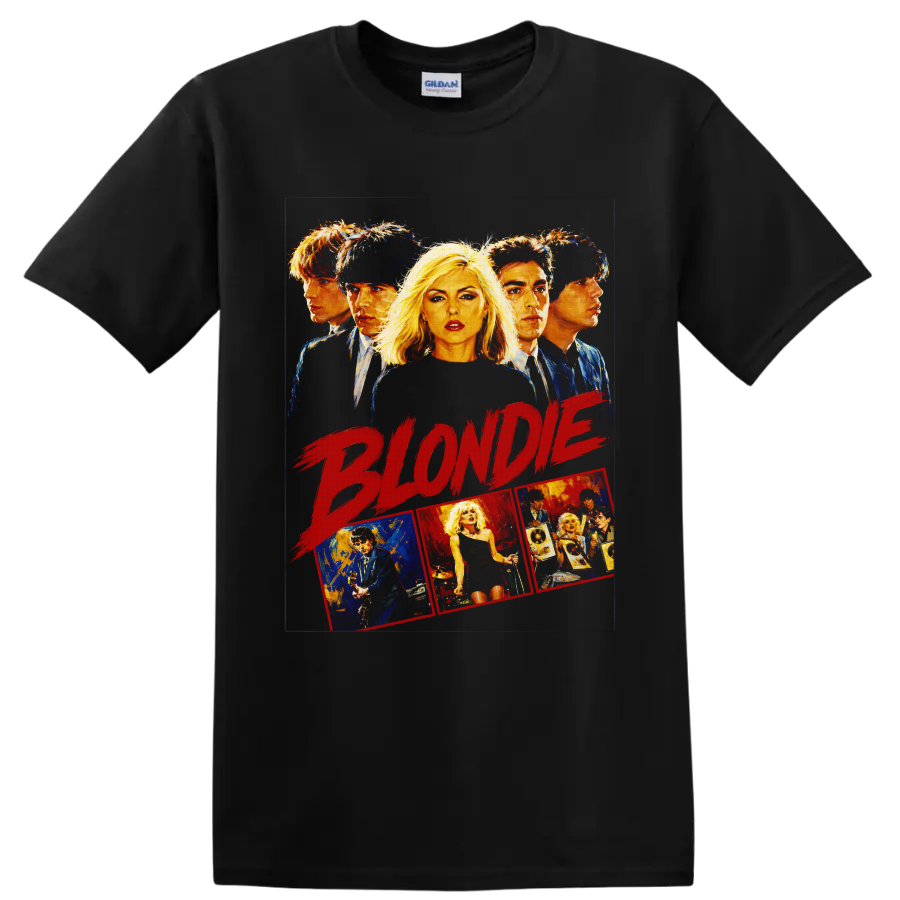 Blondie retro rock band portrait collage with bold red lettering on a Black T Shirt