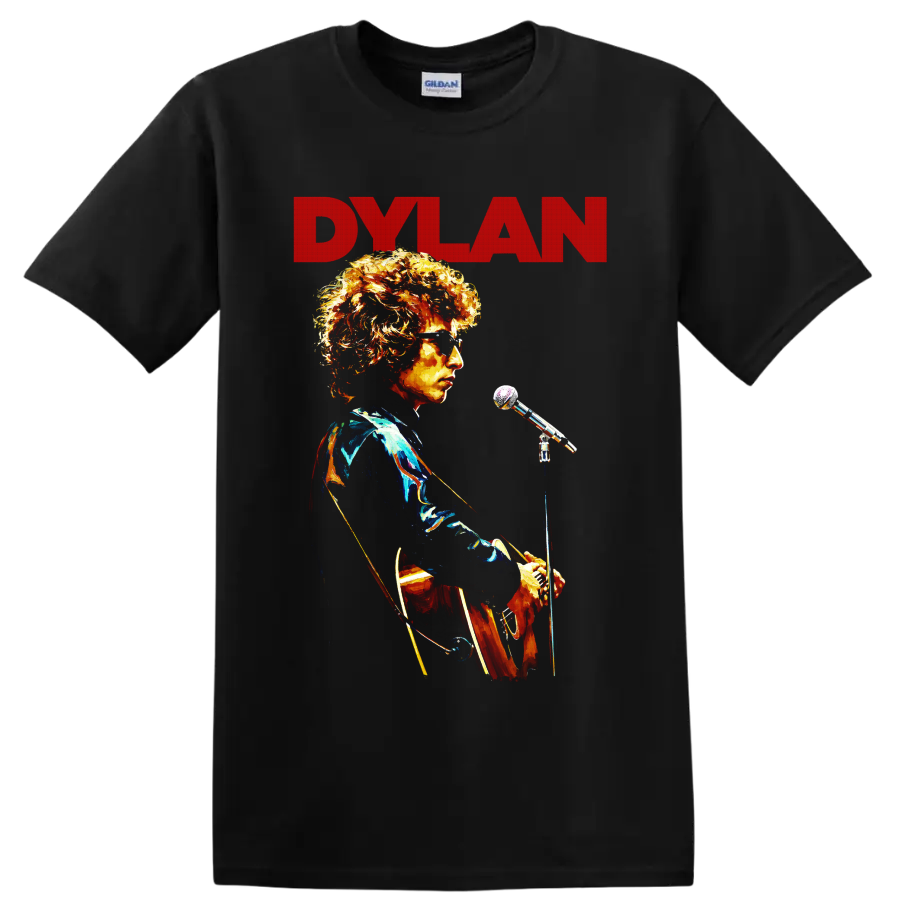 Bob Dylan folk rock performance portrait with DYLAN text on a Black T Shirt