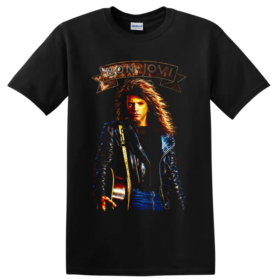 Bon Jovi guitarist portrait with banner and vintage rock artwork on a Black T Shirt