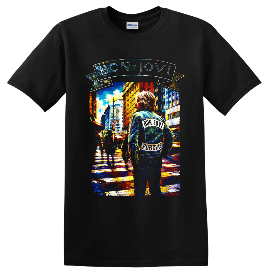 Bon Jovi urban street art design with BON JOVI banner and denim-jacketed figure on a Black T Shirt