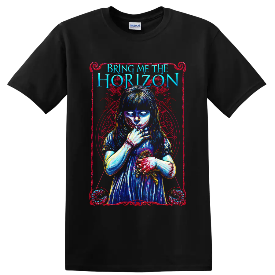 Bring Me the Horizon gothic horror girl graphic with blue and red artwork on a Black T Shirt