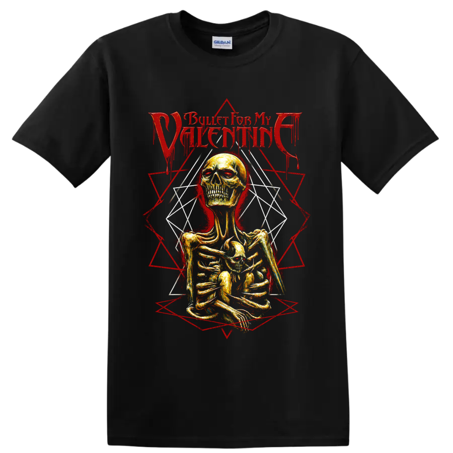 Bullet for My Valentine gothic skeleton graphic with red geometric linework on a Black T Shirt