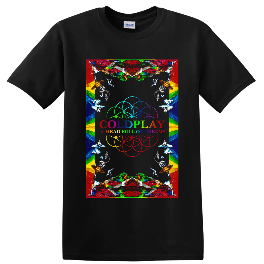 Coldplay psychedelic rainbow dream symbols graphic with band text on a Black T Shirt
