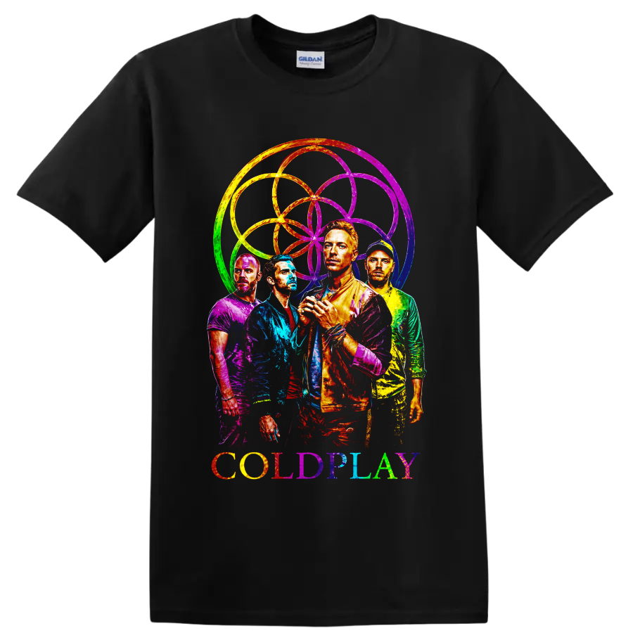 Coldplay band portraits with colorful rainbow circular graphic and logo on a Black T Shirt