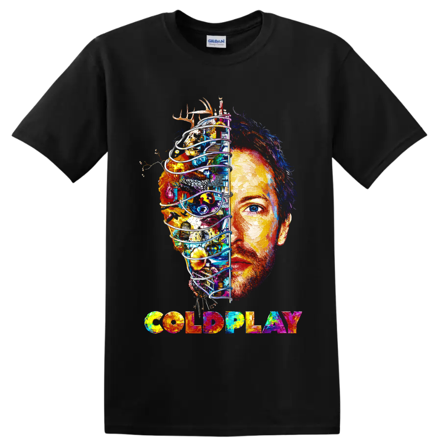 Coldplay colorful split-face portrait graphic with multicolored band lettering on a Black T Shirt