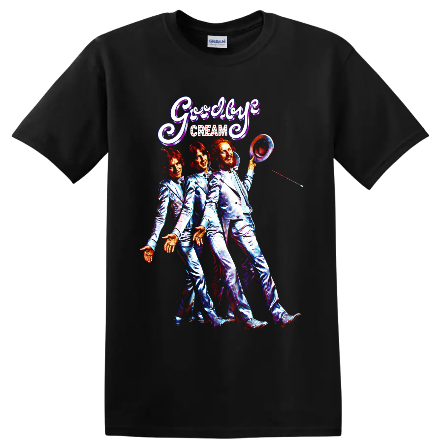 Cream rock band vintage Goodbye concert graphic with three performers on a Black T Shirt