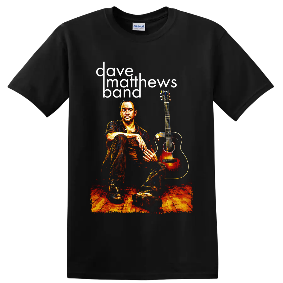Dave Matthews Band guitarist with acoustic guitar and bold lettering on a Black T Shirt