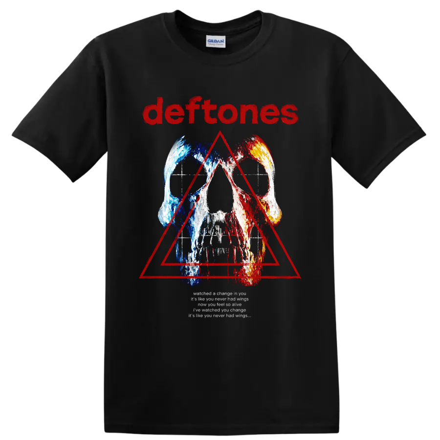Deftones distressed skull and red triangle rock graphic with band name on a Black T Shirt