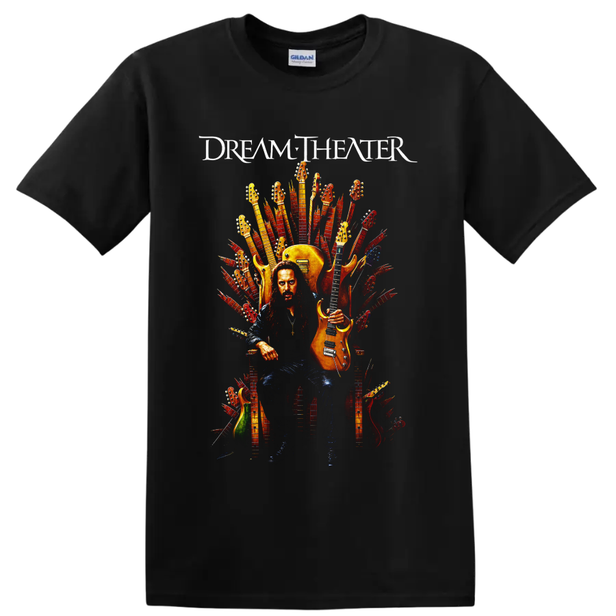 Dream Theater guitarist seated on an electric guitar throne graphic print on a Black T Shirt